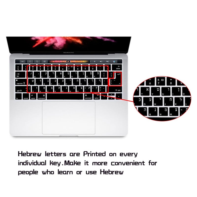 HRH Hebrew Language Silicone Keyboard Cover Skin for MacBook Pro with Touch Bar 13 Inch and 15 Inch (A1989/A1706/A2159,A1990/A1707) 2019 2018 2016 2017 Release with Touch ID,Both European/USA Layout - Image 1